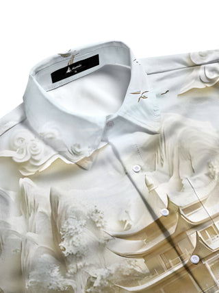men's courtyard art print short sleeve shirt flat lay pattern detail