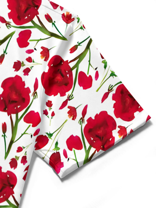 Men's floral short sleeve shirt close-up detail view