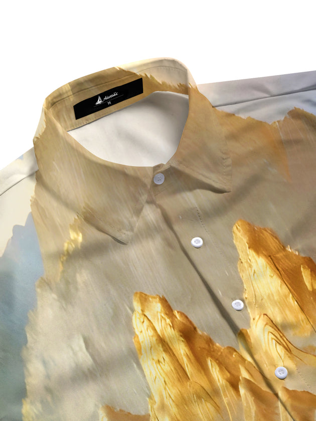 Men's Golden Mountain Courtyard Tree Lake View pattern short sleeve shirt flat lay