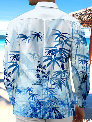 Men Bamboo Leaf Print Long Sleeve Shirt Back View