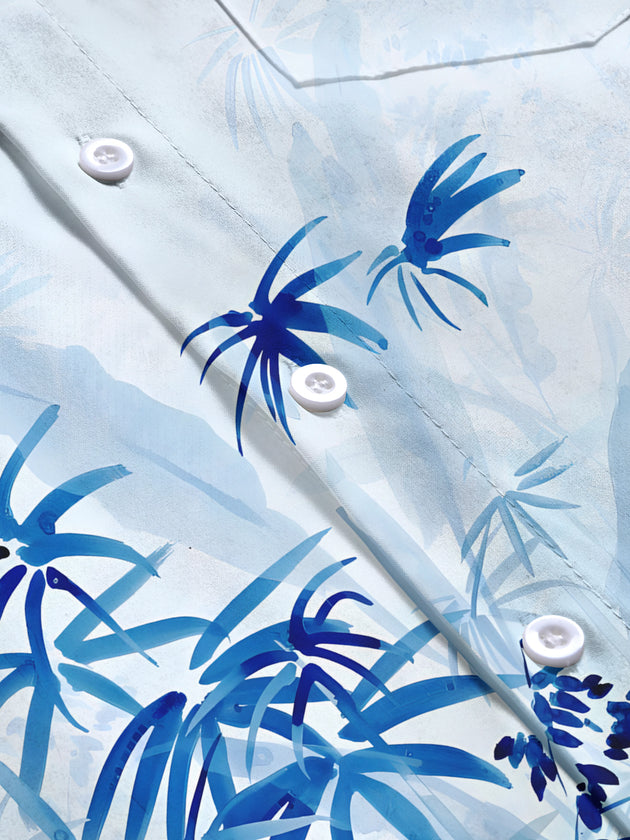 Men's bamboo leaf patterned long sleeve pocket shirt flat lay