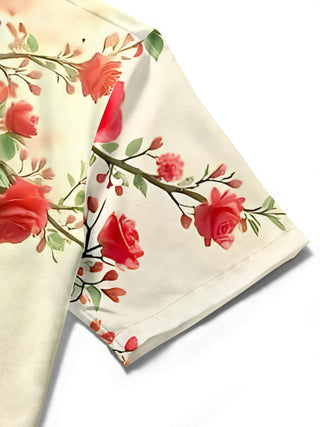 Men's floral short sleeve shirt close-up detail view