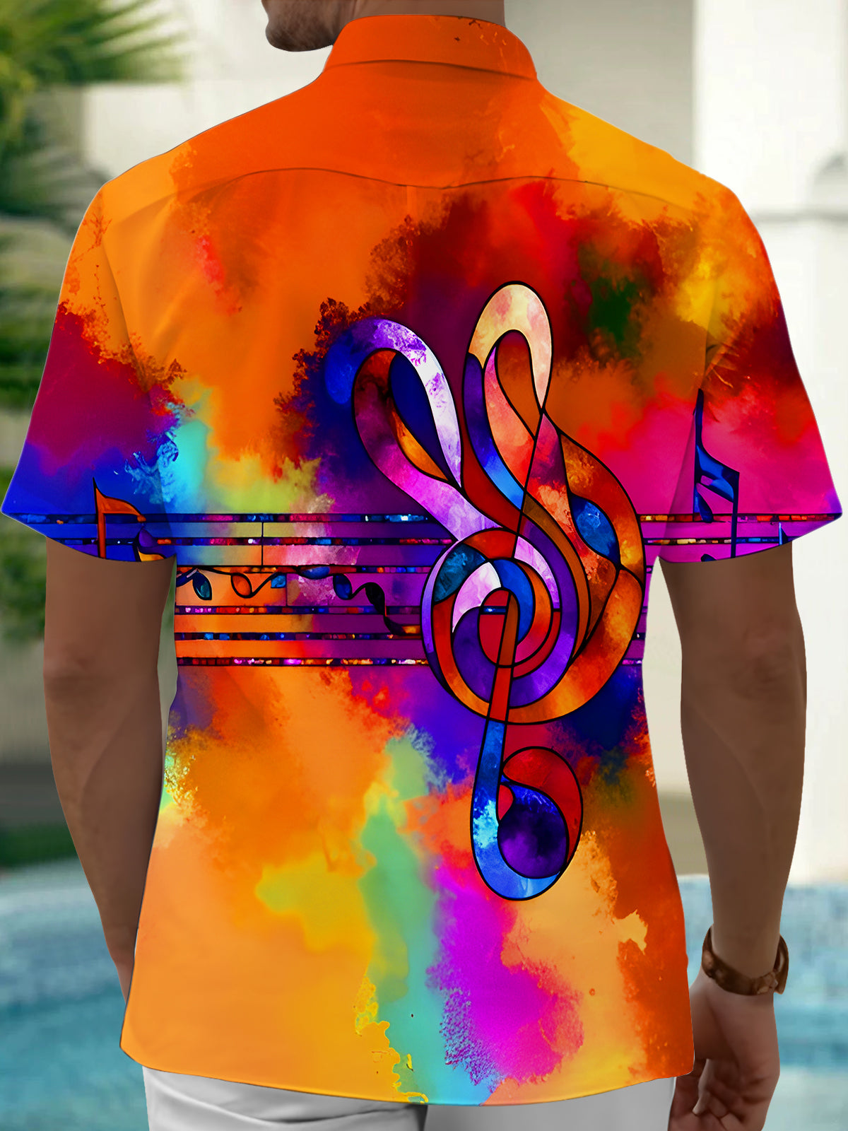 Tie Dye Colorful Music Notes Men's Pocket Short Sleeve Shirts