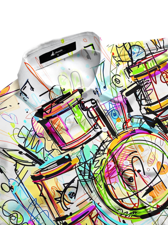 men's music print short sleeve flat lay shirt