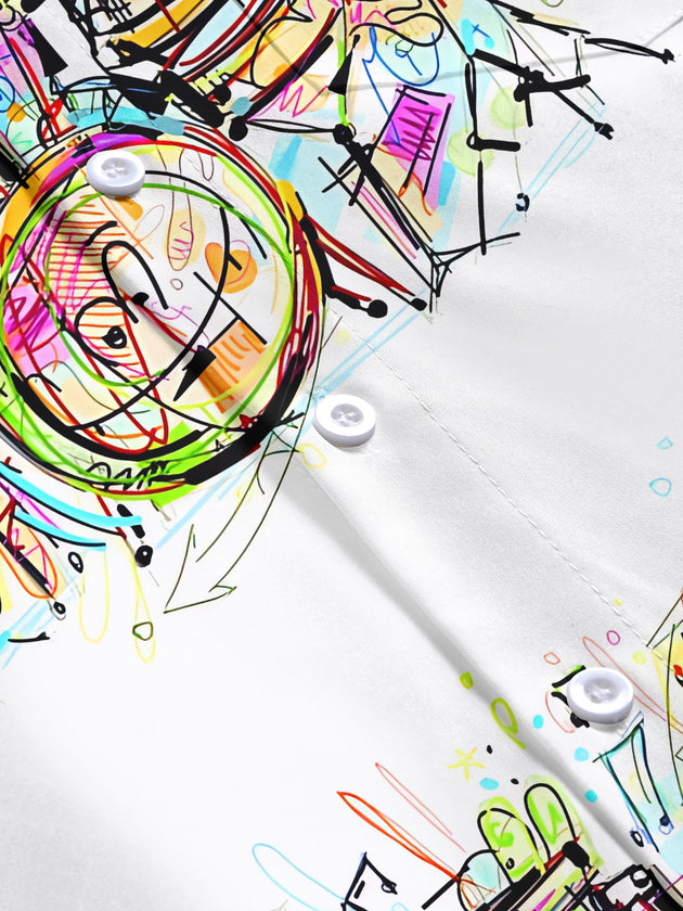 men's red music print shirt close-up short sleeve