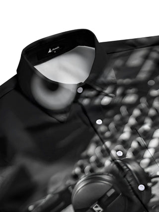 men's DJ mixer print short sleeve shirt flat lay pattern detail