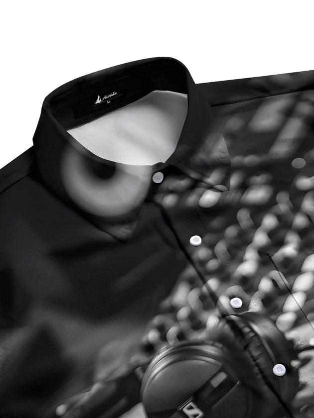 men's DJ mixer print short sleeve shirt flat lay pattern detail