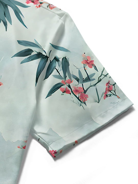 Men's bamboo leaf floral short sleeve shirt close-up detail