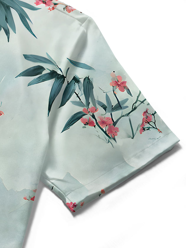 Men's bamboo leaf floral short sleeve shirt close-up detail