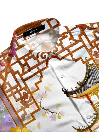 Men's patterned pocket short sleeve shirt flat lay view showing pattern details