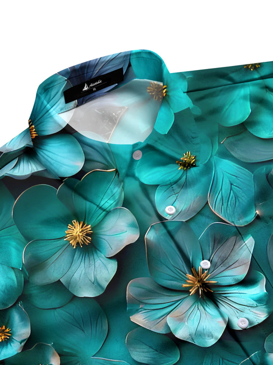 Men's floral short sleeve shirt flat lay view showcasing pattern details
