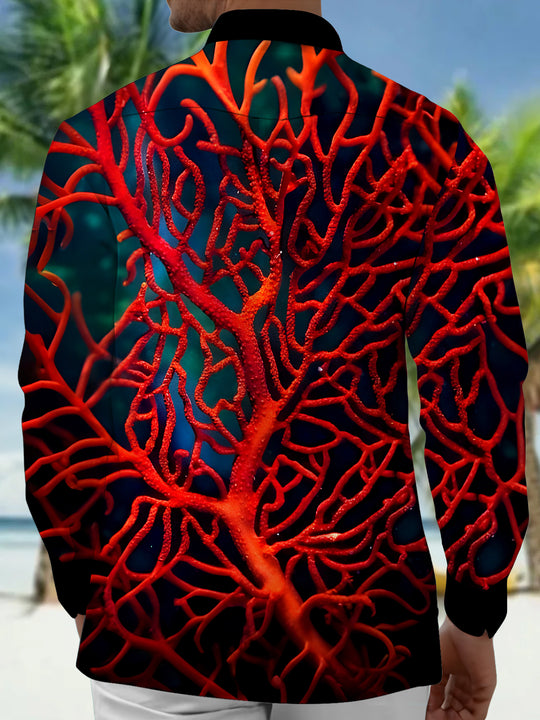 Men's coral Hawaiian long sleeve pocket shirt back view