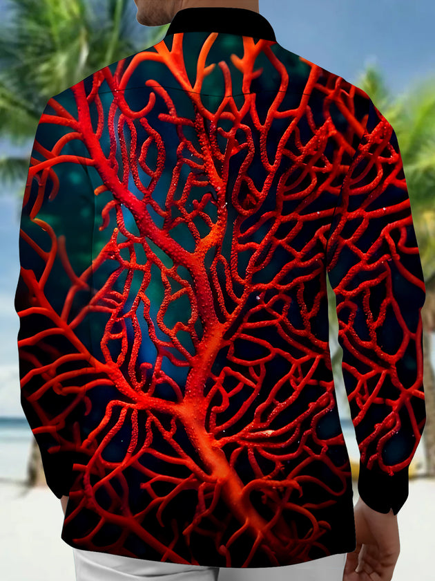 Men's coral Hawaiian long sleeve pocket shirt back view