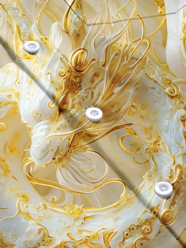 Men's short sleeve shirt with dragon relief detail, close-up view