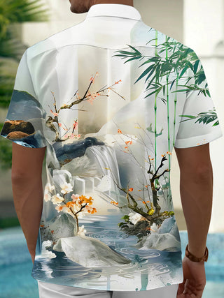 Men's bamboo leaves floral short sleeve shirt back view