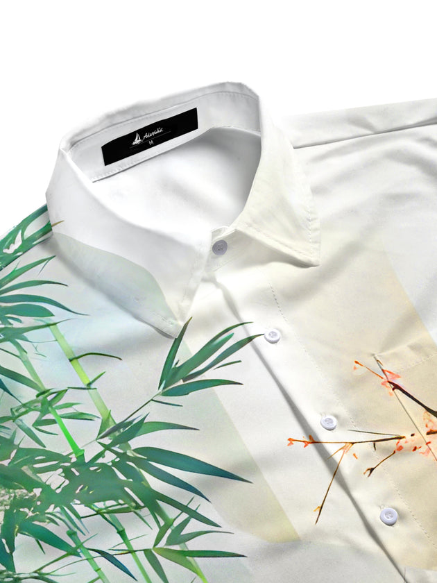 Men's short sleeve shirt with bamboo leaf floral pattern, side view