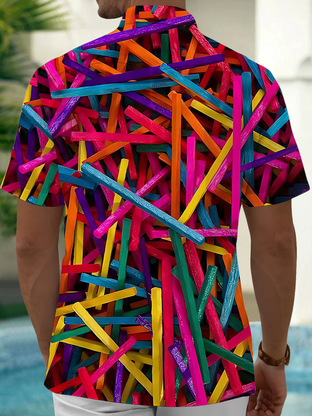 Men's colorful wooden stick print short sleeve shirt back view