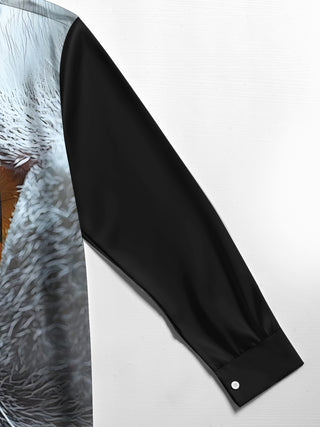Men's long sleeve cat print shirt close-up detail view
