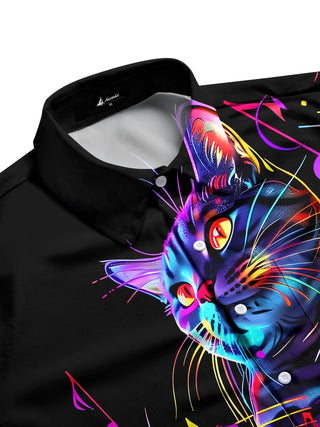 Men's cat musical notes band print long sleeve pocket shirt side view