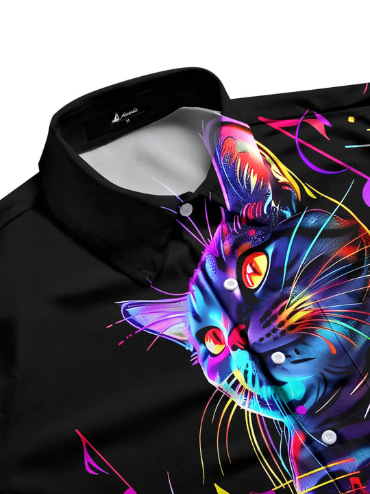 Men's cat musical notes band print long sleeve pocket shirt side view