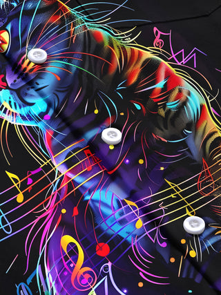 Men's music note cat print long sleeve shirt flat lay