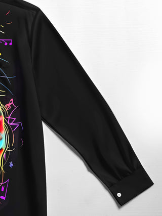 Men's cat musical notes long sleeve shirt close-up detail fabric texture