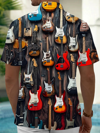 men's vintage guitar print short sleeve shirt back view