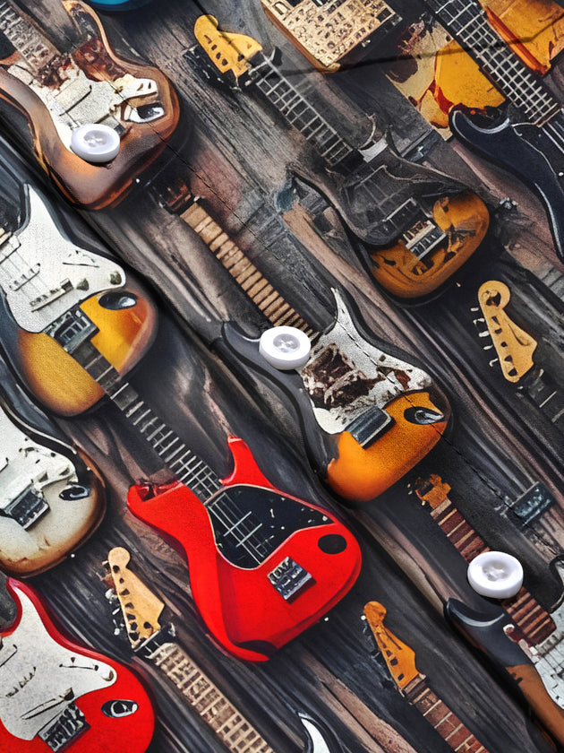 Men's vintage guitar print short sleeve shirt flat lay