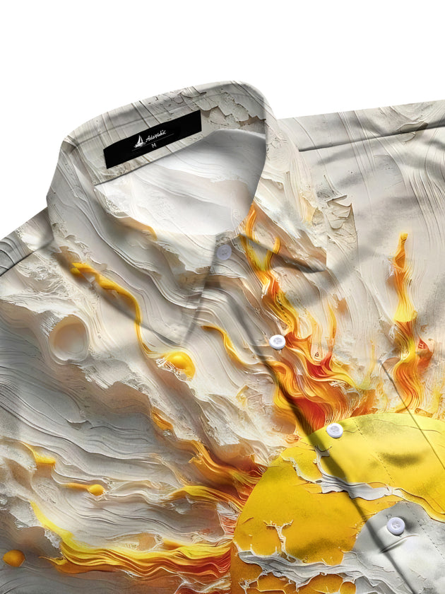 men's art print short sleeve shirt flat lay pattern detail