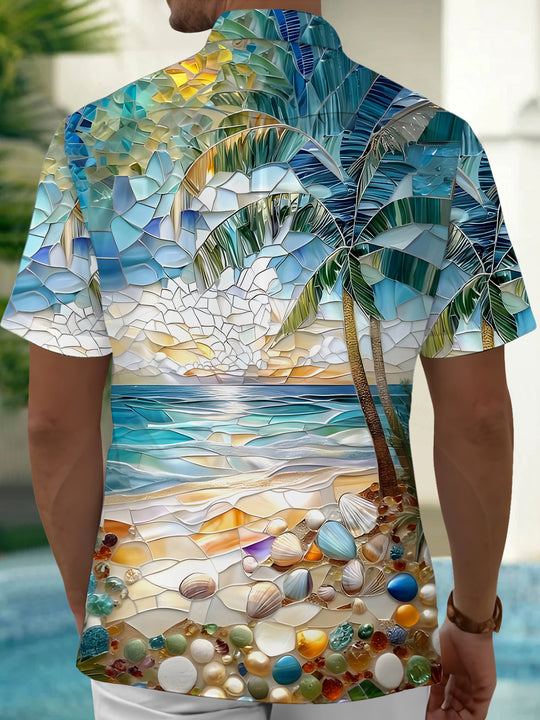 Men's Hawaiian print pocket short sleeve shirt back view