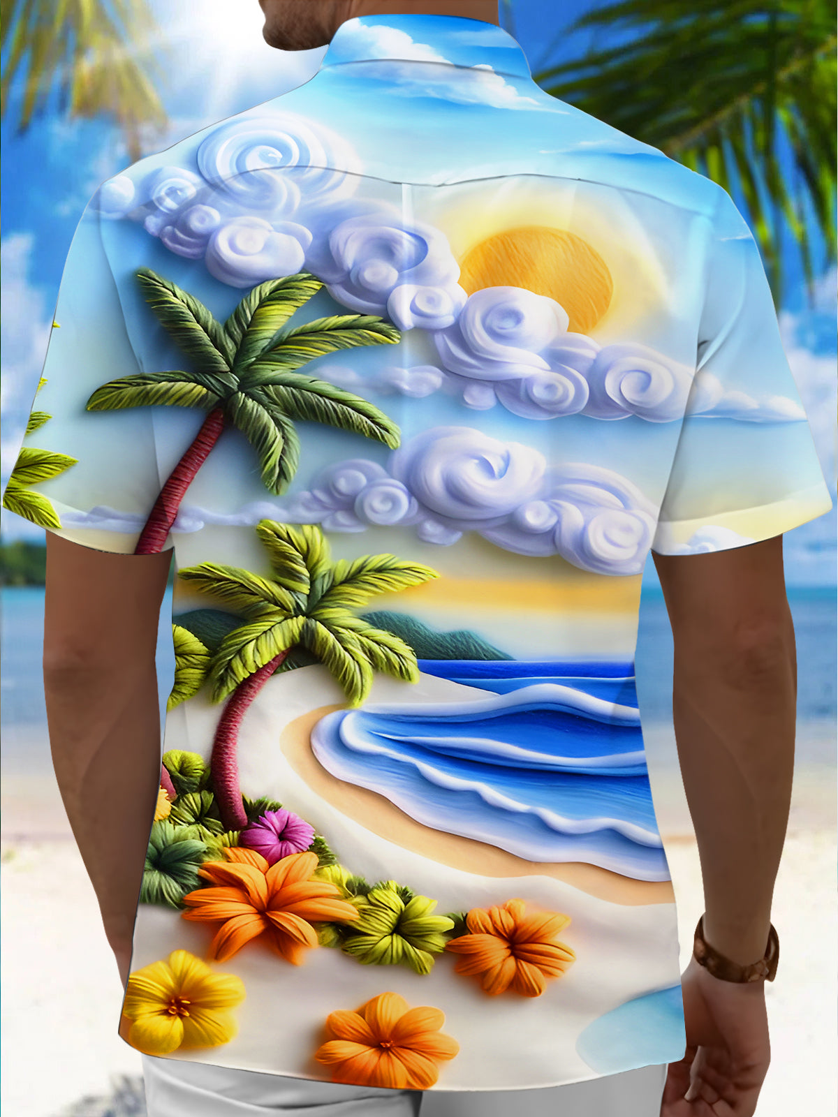 Hawaiian Coconut Palm Beach Floral Men's Pocket Short Sleeve Shirts