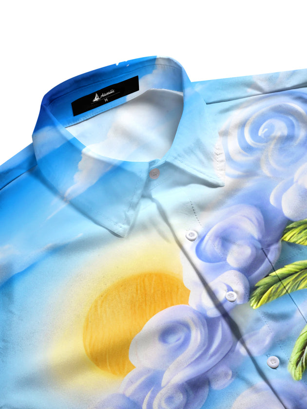 Men's Hawaiian palm tree floral pocket short sleeve shirt flat lay view