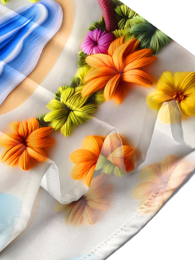 Men's Hawaiian palm tree floral short sleeve shirt in seaside scene for beach vacation