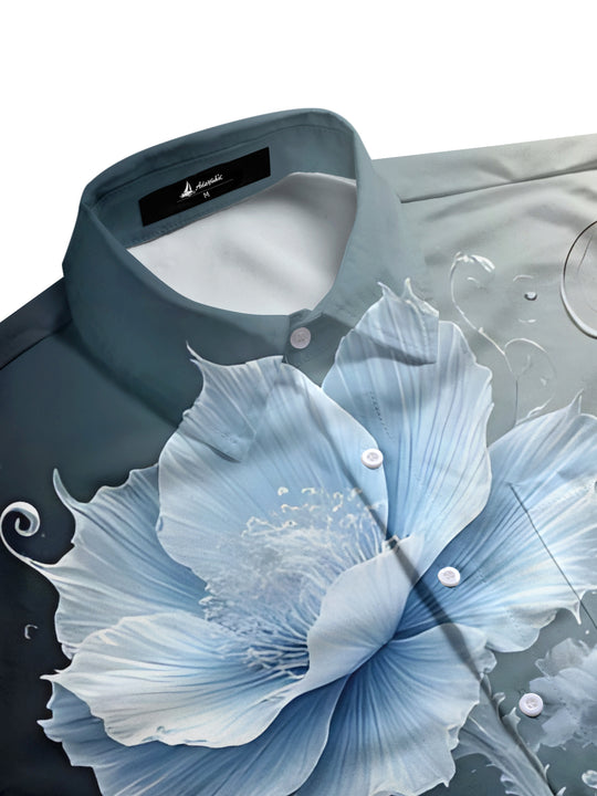 Men's floral violin print short sleeve shirt flat lay