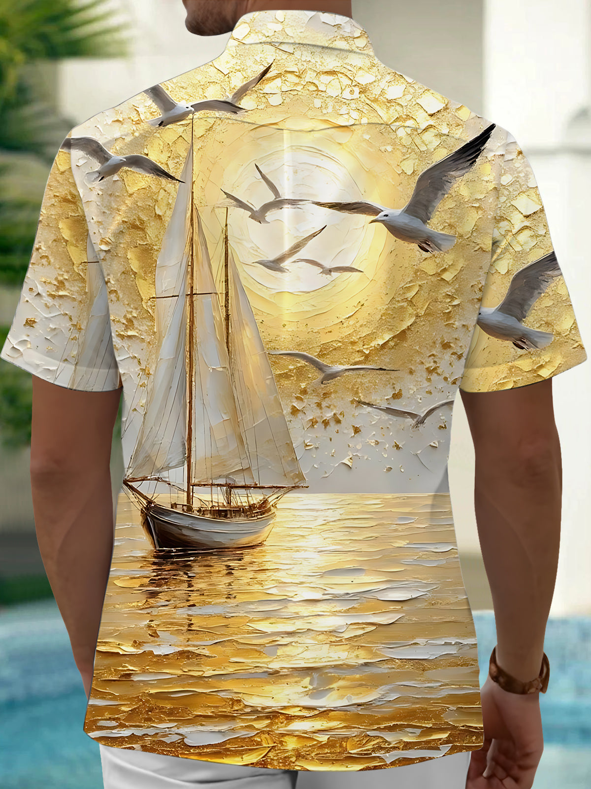 Gold Ocean Sunset Sailboat Print Men's Pocket Short Sleeve Shirts