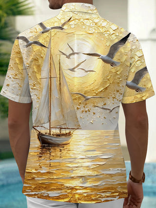 Men's short sleeve shirt back view with gold ocean sunset sailboat print