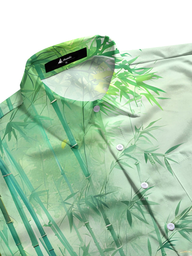 Men's bamboo forest pattern pocket short sleeve shirt flat lay view
