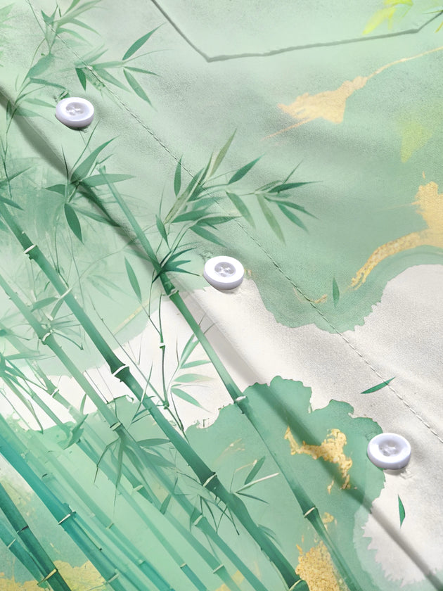 Men's bamboo forest print short sleeve shirt close-up detail view