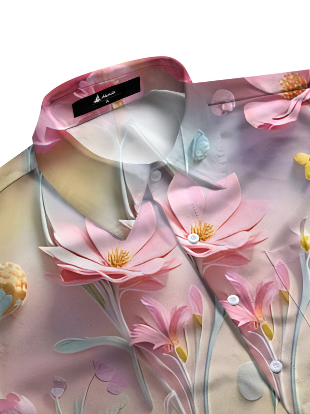 Men's short sleeve floral print shirt side view with botanical pattern