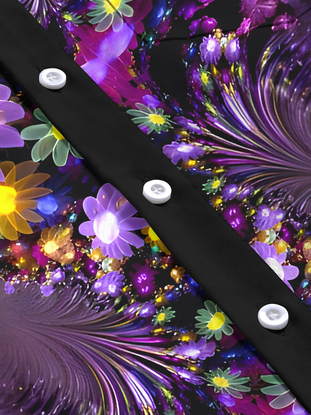 Men's floral short sleeve shirt close-up detail view
