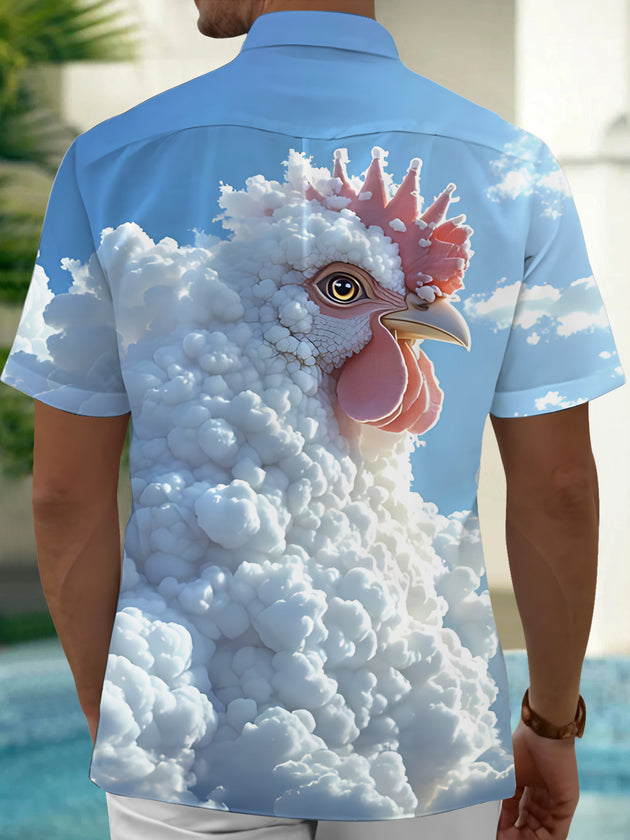 Men's abstract cloud rooster print short sleeve shirt back view