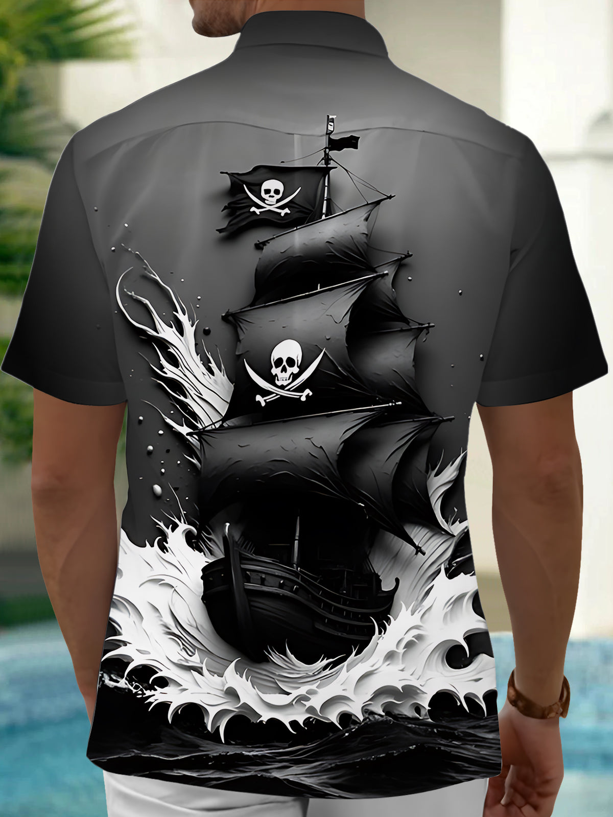 Skull Boat Art Print Men's Pocket Short Sleeve Shirts