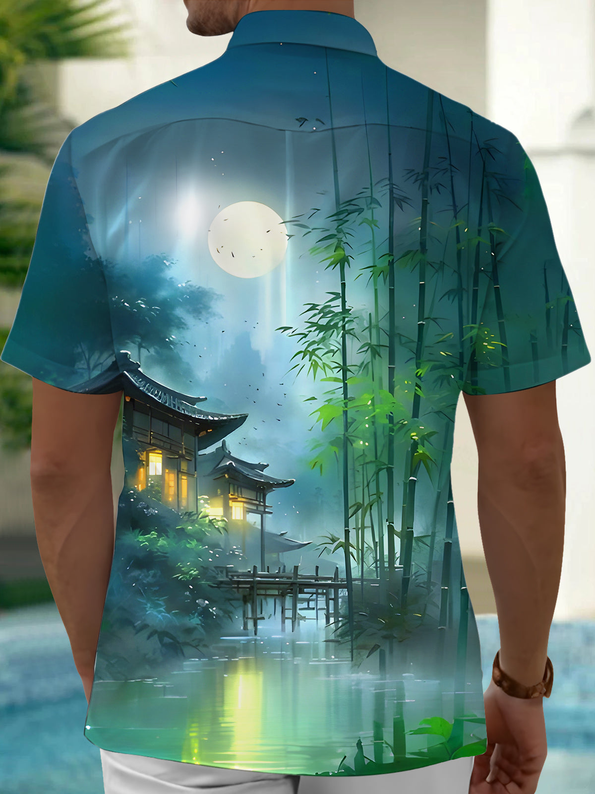 Bamboo Forest Courtyard Moon Men's Pocket Short Sleeve Shirts