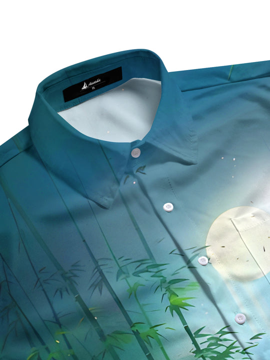 Men's bamboo forest courtyard moon pattern short sleeve shirt flat lay