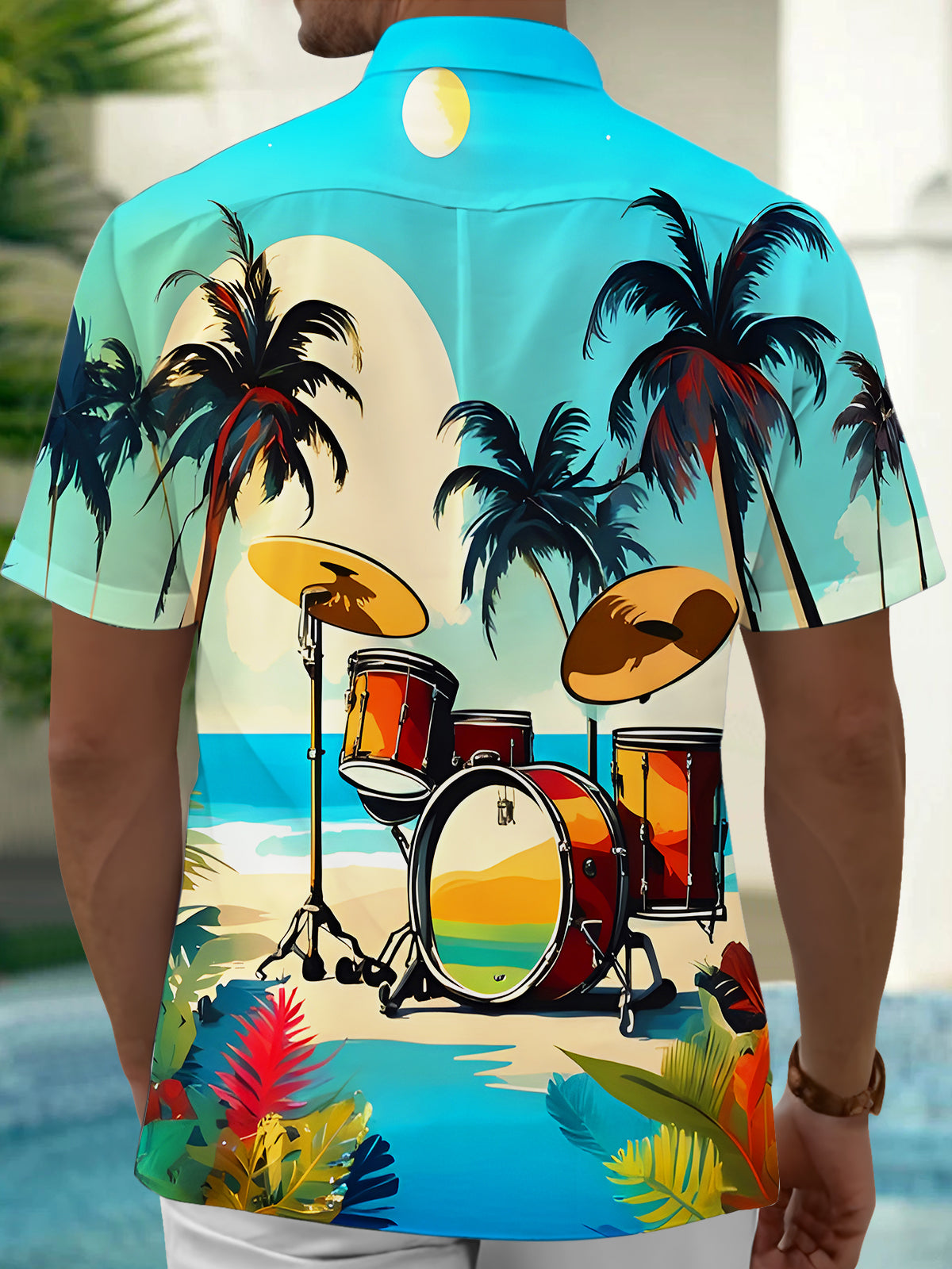 Hawaiian Coconut Tree Drum Set Seaside Music Men's Pocket Short Sleeve Shirts