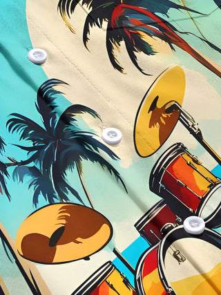Men's Hawaiian music print short sleeve shirt fabric texture close-up detail