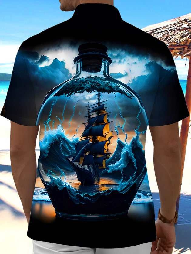 Men's dark wave print pocket short sleeve shirt back view