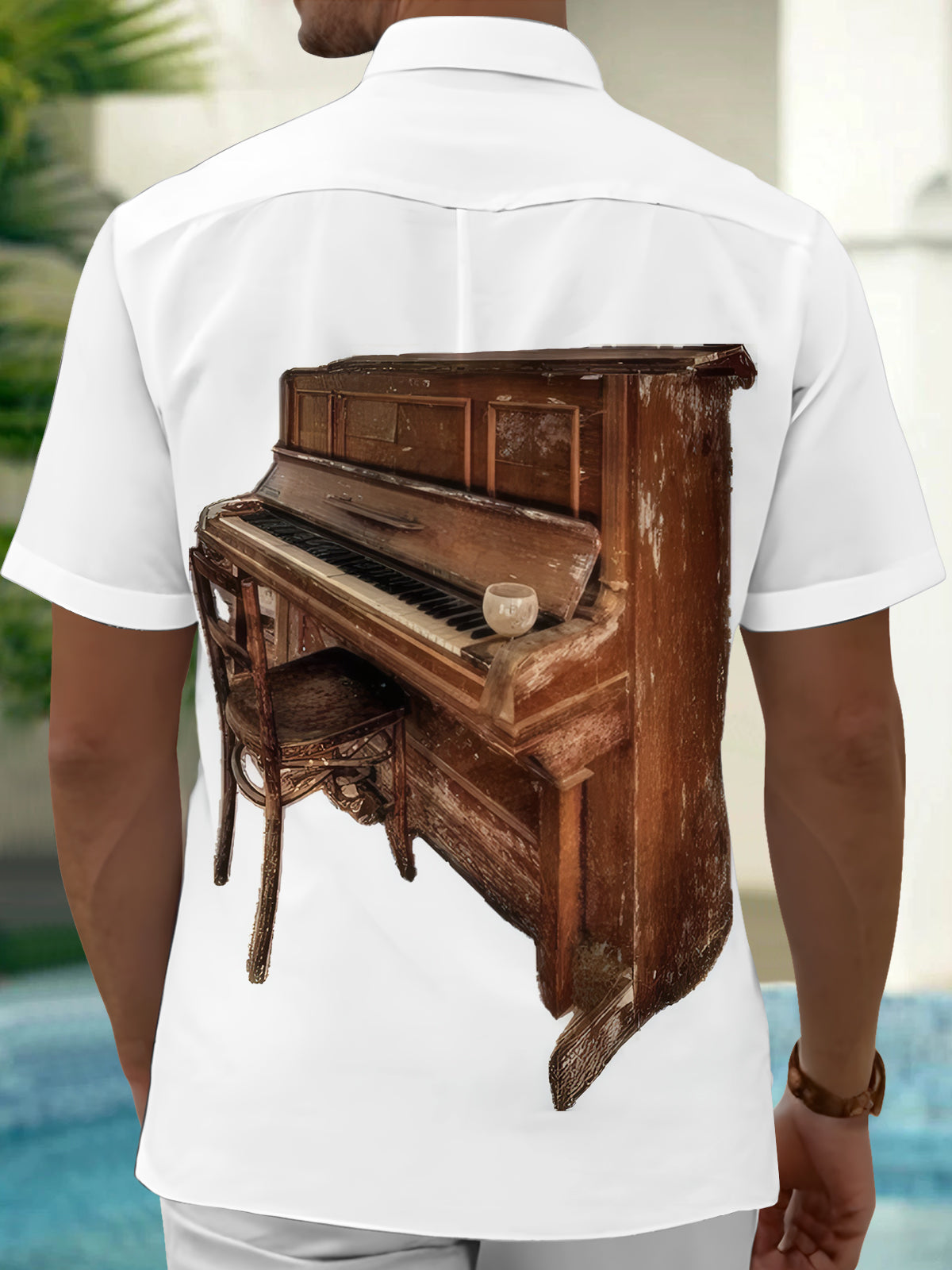 Vintage Old Piano Print Men's Pocket Short Sleeve Shirts