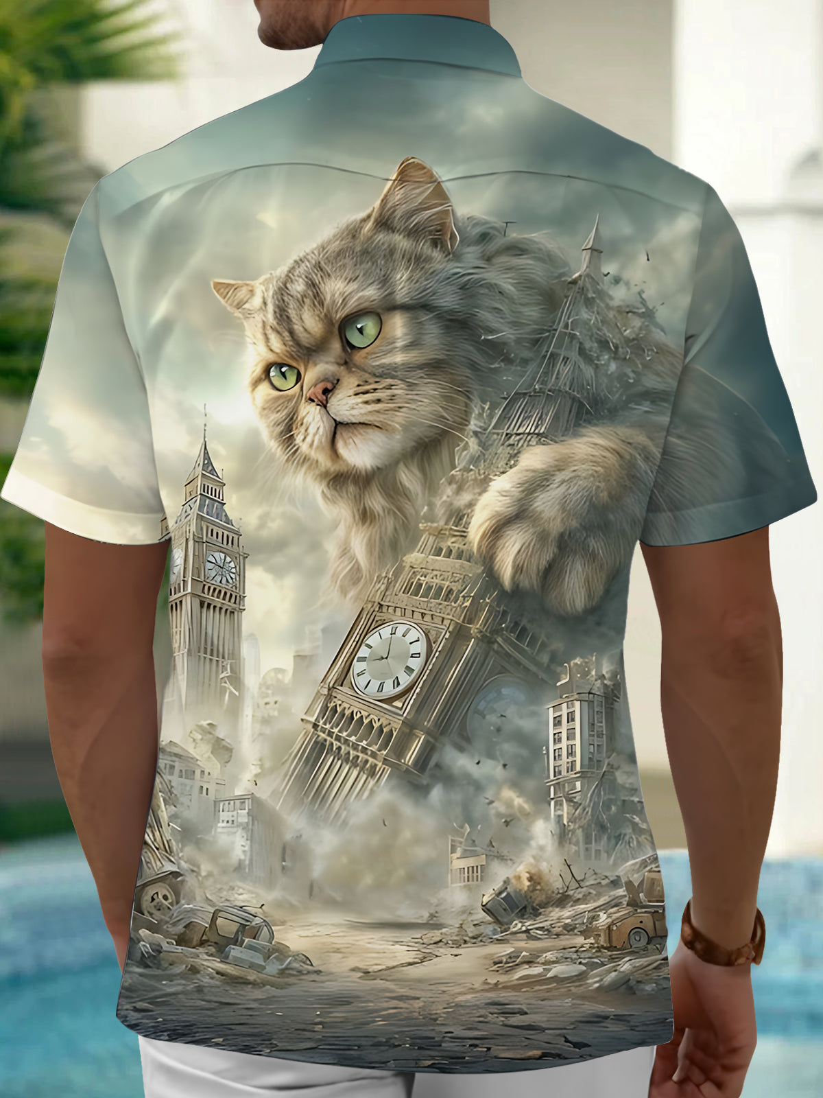 Cat Big Ben Print Men's Pocket Short Sleeve Shirts