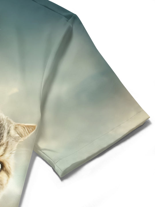 men's cat print shirt close-up short sleeve